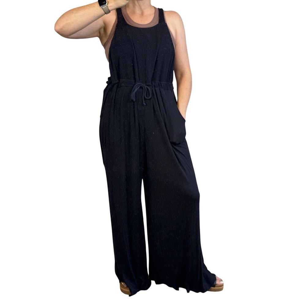 Free People Beach Salopette Shelby Wide Leg Jumpsuit Overall Size M Black Pocket